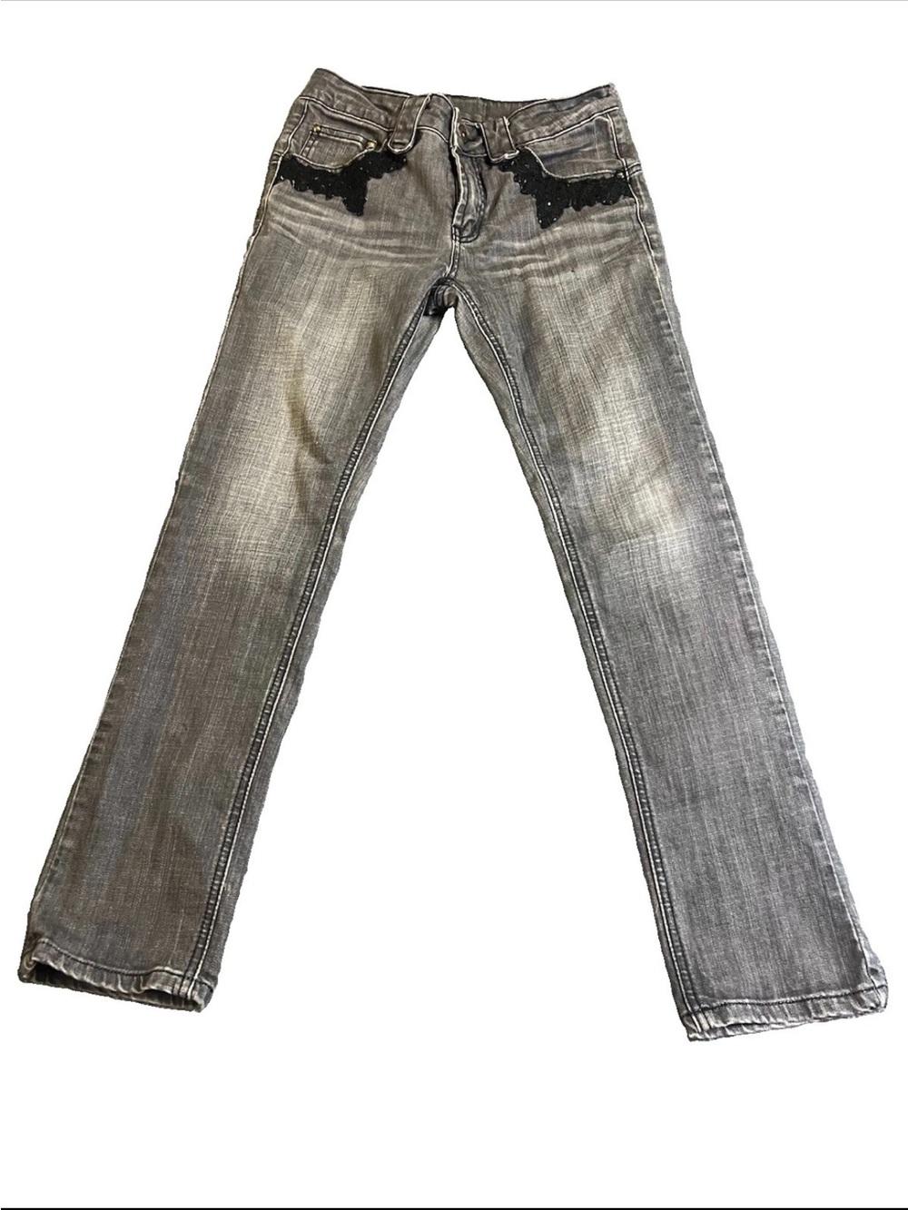 Y2K Pop 2008 Jeans Black Lace Embellished 26/26 Gray Acid Washed Whimsygoth